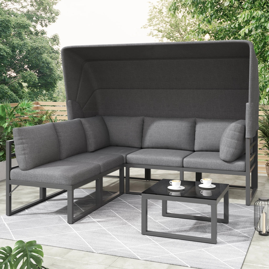 Set Lounge da Giardino con Pouf e Tavolino, Parasole e Cuscini ¨C Xylo ¨C Grigio, 4 Pezzi