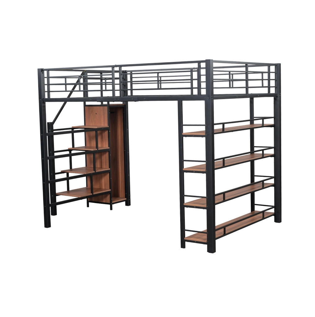 Letto a soppalco 140x200 cm in metallo e MDF nero con scala contenitore e guardaroba
