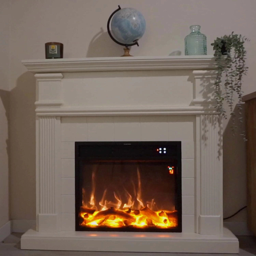 Caminetto Fuego Omar Blanco 1500w a Parete Con Cornice Telecomando e Bruciatore Bianco Crema