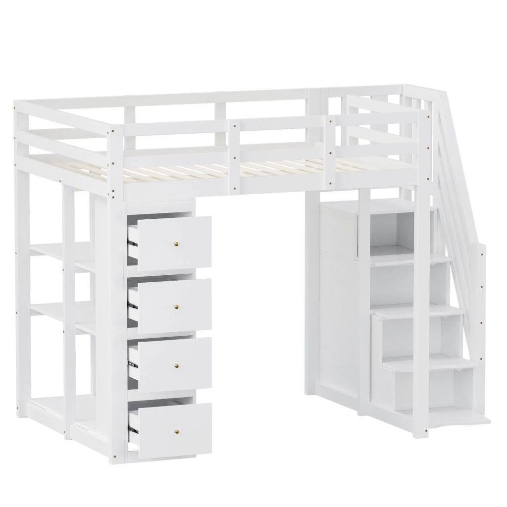 Letto a soppalco 140x200 cm bianco con scala e cassetti
