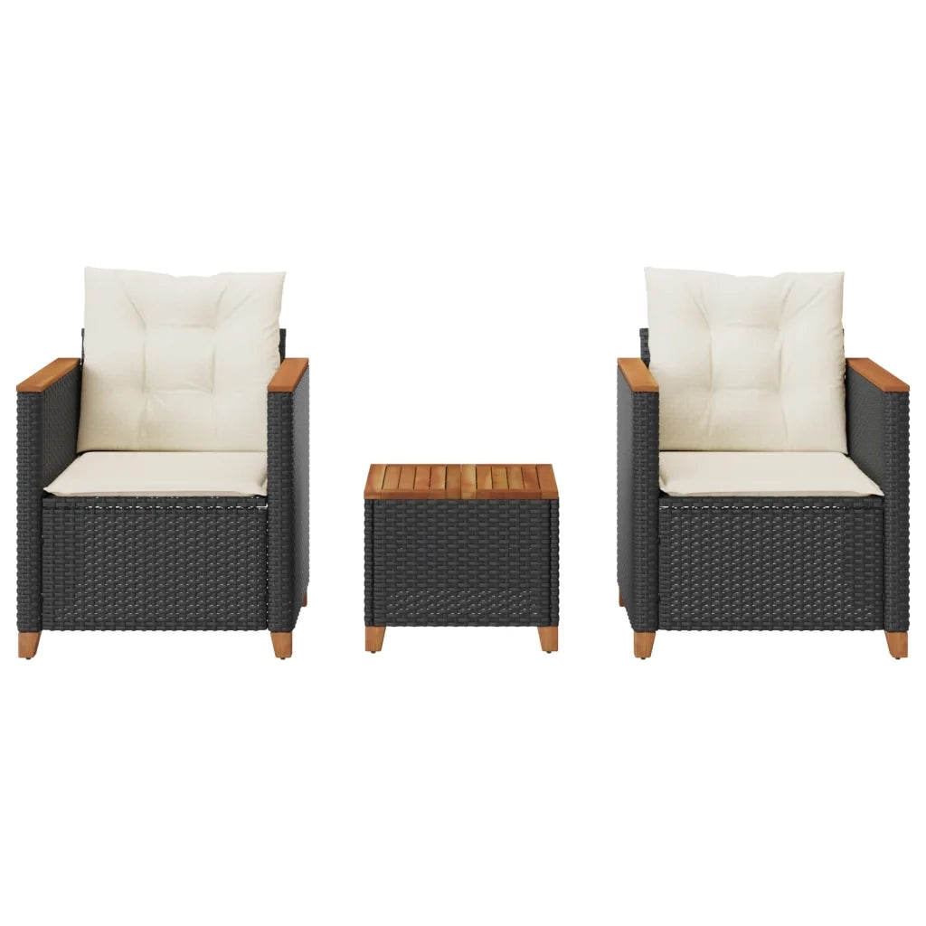 Set da BistrÃ² 3 pz con Cuscini Nero Polyrattan e Legno Acaciacod mxl 114421