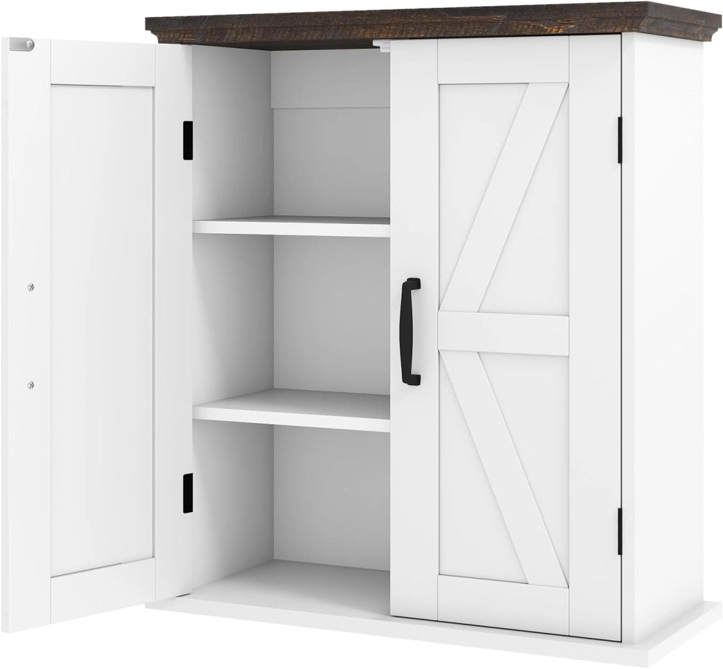 Armadietto pensile da parete con 2 ripiani regolabili e 2 ante, in stile rustico, salvaspazio per bagno, cucina e soggiorno, 53,5 x 22,5 x 60 cm