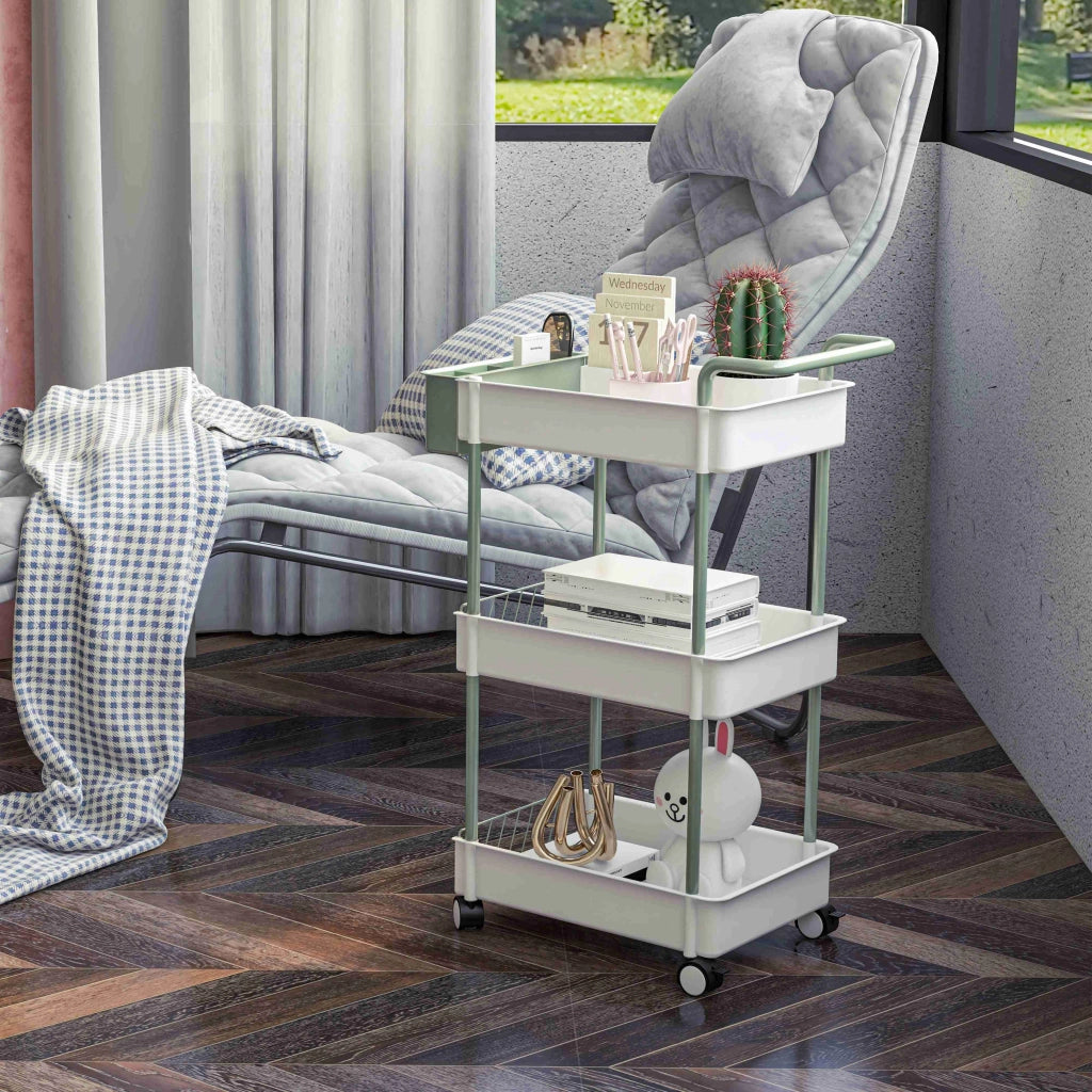 Carrello 3 Ripiani con Cesto Appendibile ¨C zephmum ¨C Bianco Metallo 50x30x77 cm