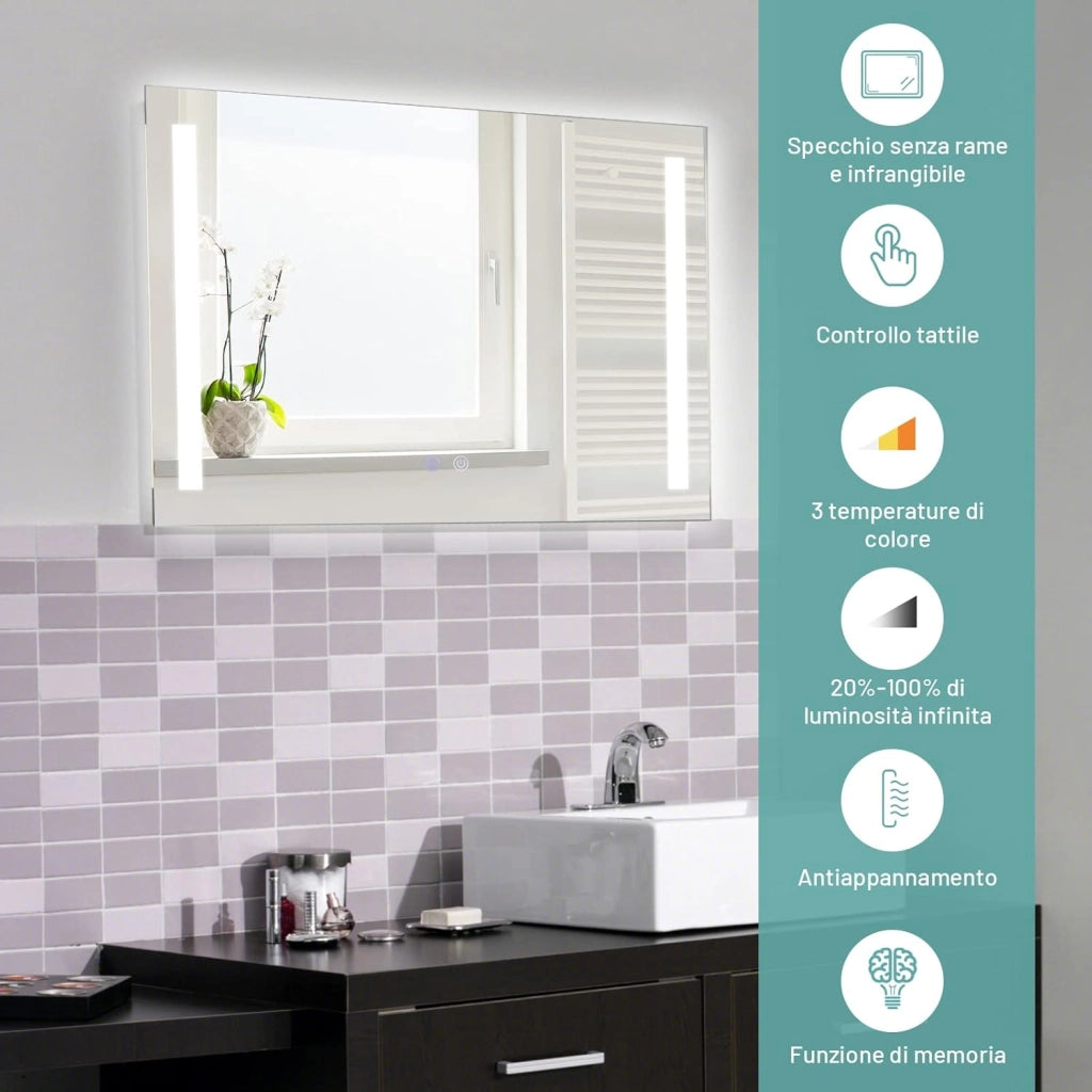 Specchio da Bagno a LED 80x60 cm, Specchio a Parete con Luminosità Regolabile, 3 Colore, Funzione Anti Appannamento e Memoria, Specchio Illuminato