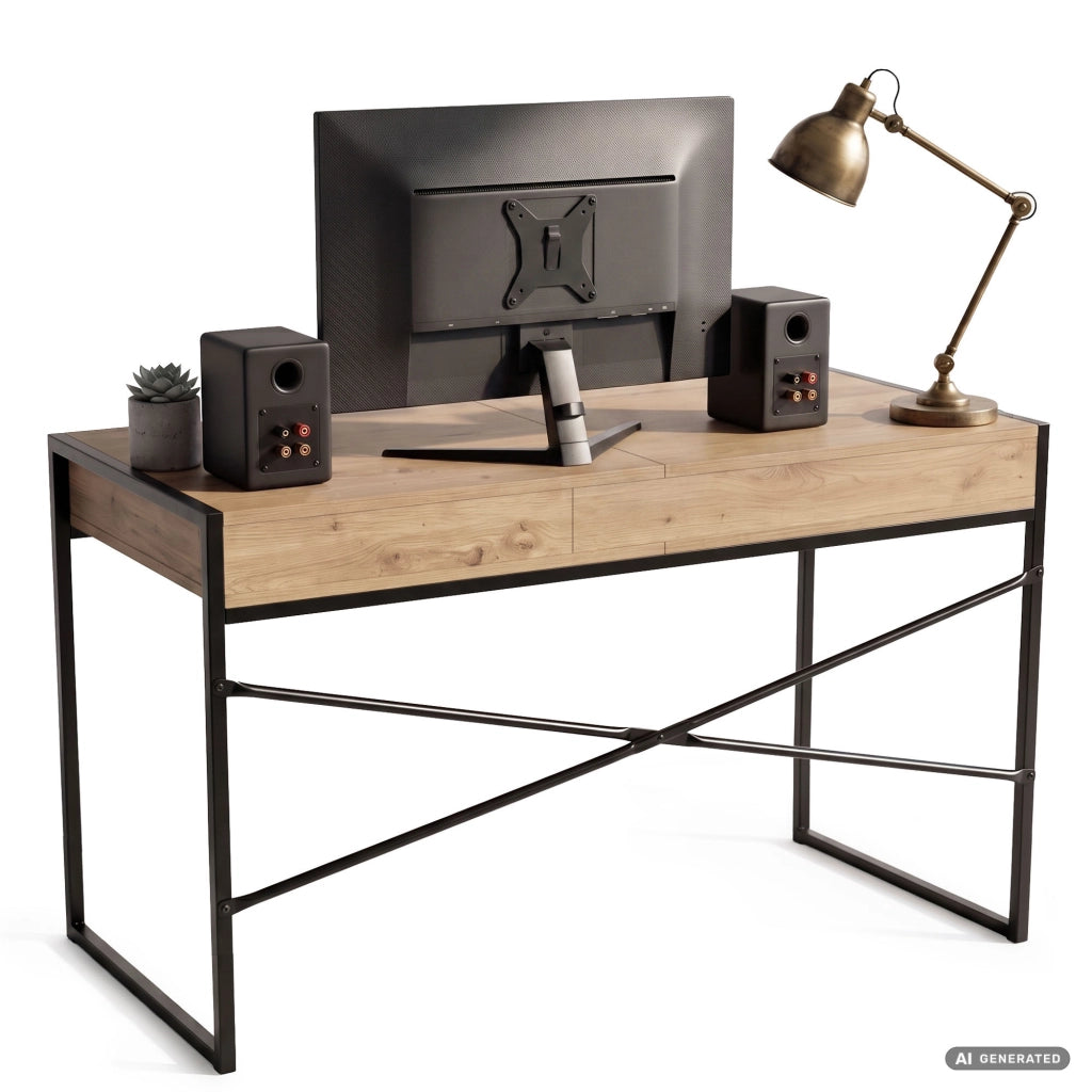 Scrivania industriale per computer Rovere Artisan ELONIS 123 cm 2 cassetti 1 ripiano gambe nere