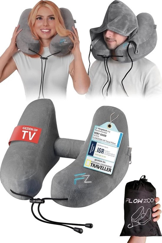 Cuscino di Viaggio Inflatabile con Copertura | Dimensione L | Cuscino di Viaggio per l'Aereo, il Treno e le Auto | Cuscino di Viaggio con Forma Unica H per Supporto del Collo 360° | Inflazione Rapida | Grigio