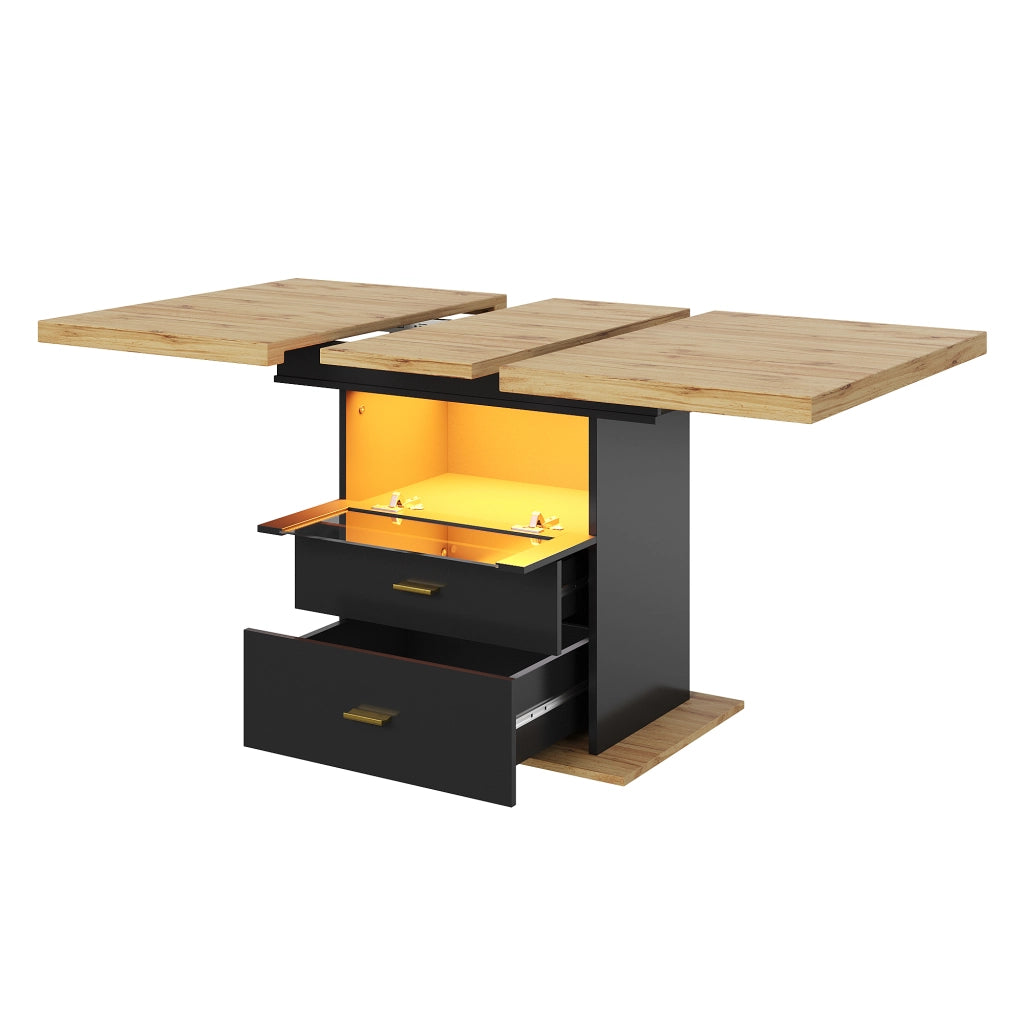 Tavolo da pranzo allungabile 110-140 x 80 x 75 cm con LED, 2 cassetti, MDF e metallo