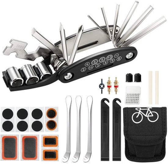 Kit di riparazione bicicletta - 16-in-1 Multitool - Pratico e compatto - Nero - Attrezzatura bicicletta - Per riparazioni rapide bicicletta - Compreso tasca di stoccaggio