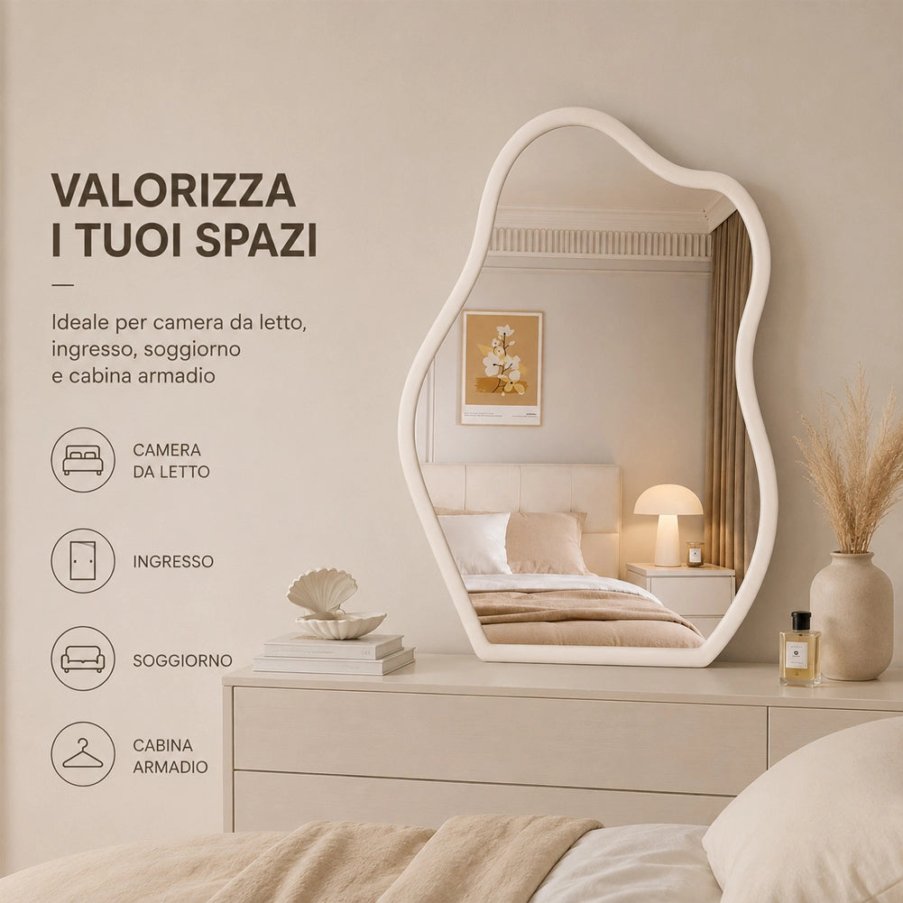 Specchio Asimmetrico da Parete Bianco Cornice Legno Decorazione Interni 46x60 cm