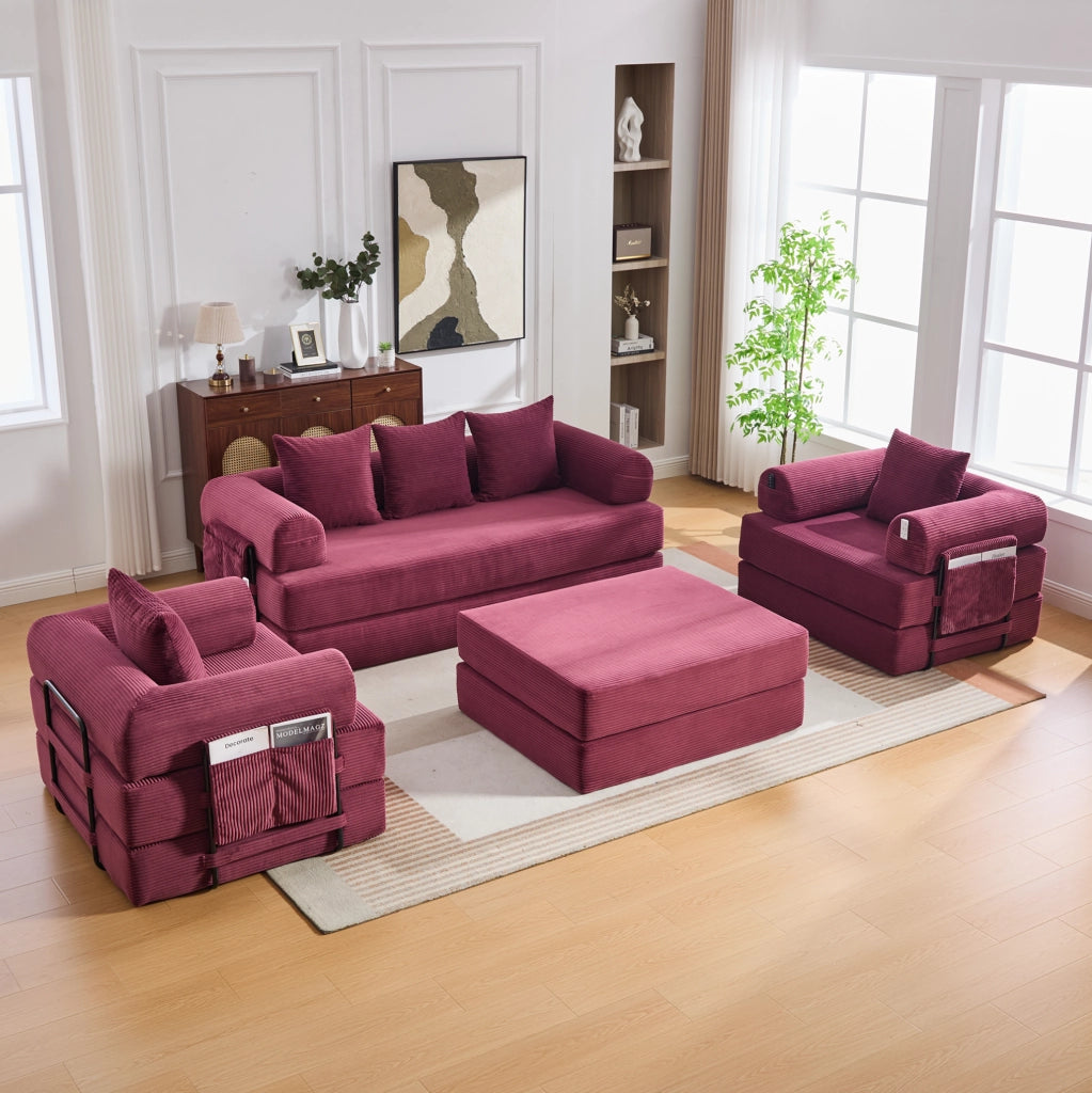 Set divano modulare in velluto a coste con pouf; rosso vino