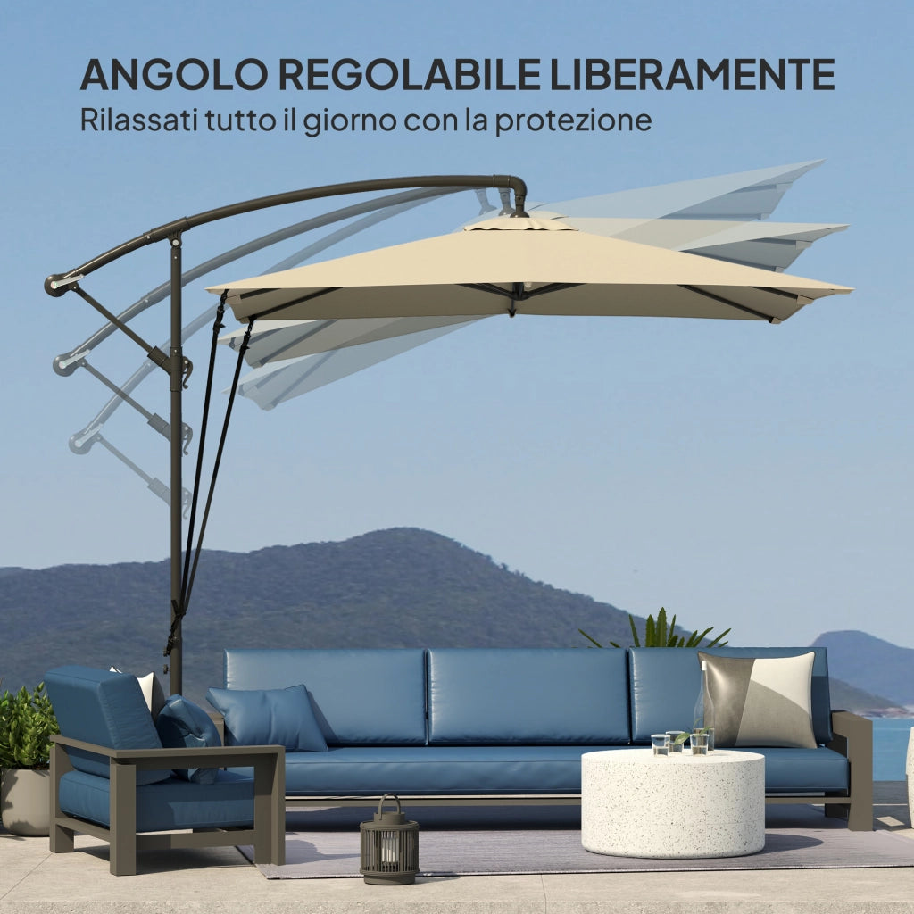 Ombrellone a Sbalzo 247x247 cm con Base a Croce e Manovella in Metallo e Poliestere Cachi
