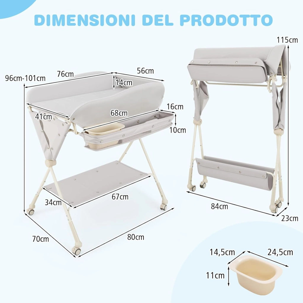Fasciatoio Pieghevole Neonato, Fasciatoio Portatile con Altezza Regolabile a 3 Livelli, con Bacino, Cestino Portaoggetti e Cintura di Sicurezza, 4 Ruote Bloccabili, Portata 11 kg (Grigio)