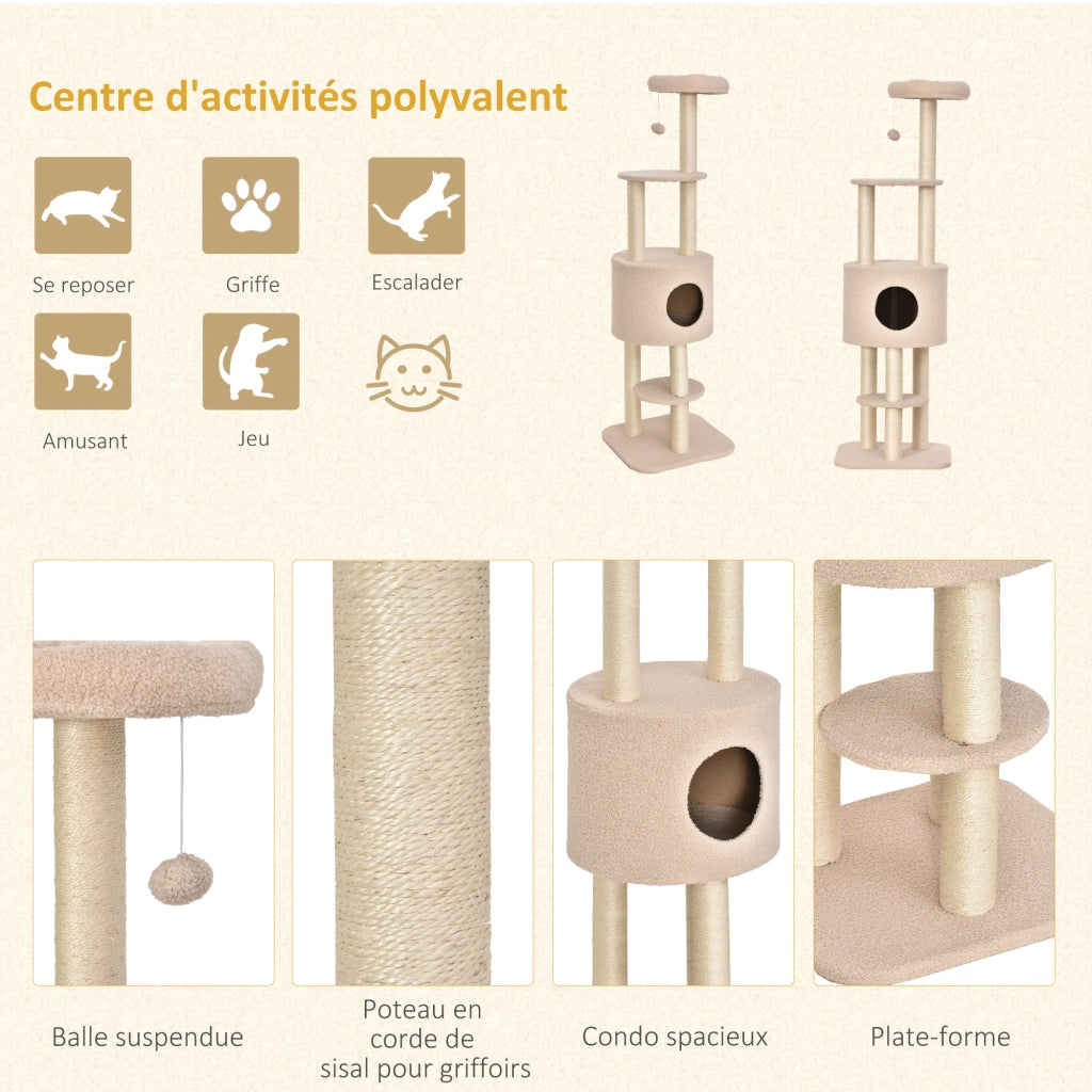 Albero per gatti con tiragraffi e piattaforme ¨C zephmum ¨C beige 148 cm