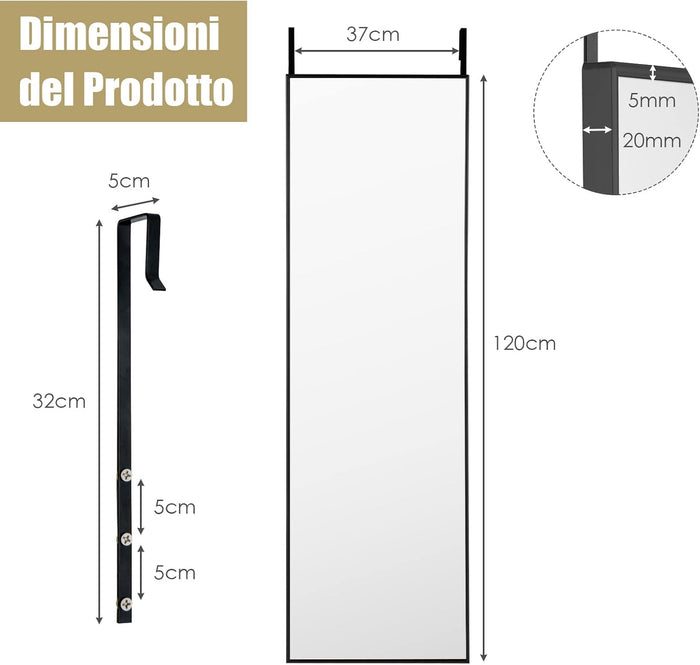 Specchio da Parete Lungo, Specchio da Terra Appendere con Cornice in Lega di Alluminio e Ganci, Per Camera da Letto e Soggiorno, 120 x 37 cm (Nero)