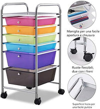 Carrello con 6 Cassetti e Ruote, Cassettiera in Plastica, con Due Dimensioni di Cassetti, Contenitore Multiuso per Casa Bagno e Ufficio, 37 x 74 x 32cm (Colorato)