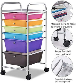 Carrello con 6 Cassetti e Ruote, Cassettiera in Plastica, con Due Dimensioni di Cassetti, Contenitore Multiuso per Casa Bagno e Ufficio, 37 x 74 x 32cm (Colorato)