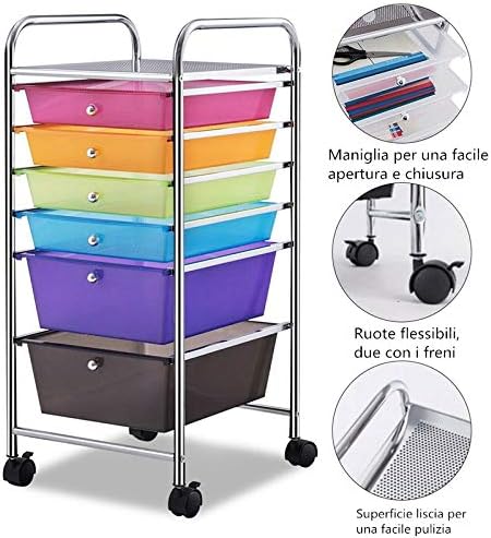 Carrello con 6 Cassetti e Ruote, Cassettiera in Plastica, con Due Dimensioni di Cassetti, Contenitore Multiuso per Casa Bagno e Ufficio, 37 x 74 x 32cm (Colorato)