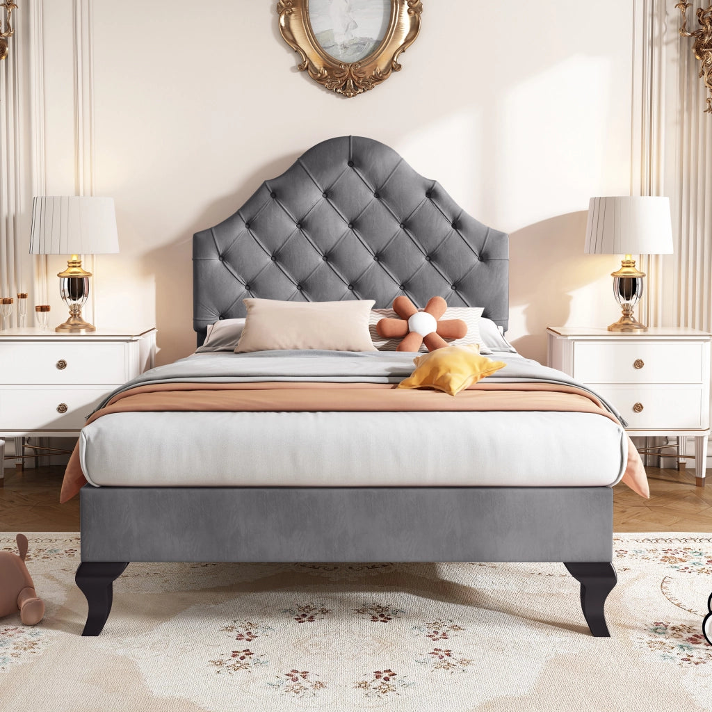 Letto imbottito 90x200 cm in velluto grigio con rete a doghe e testiera regolabile in altezza