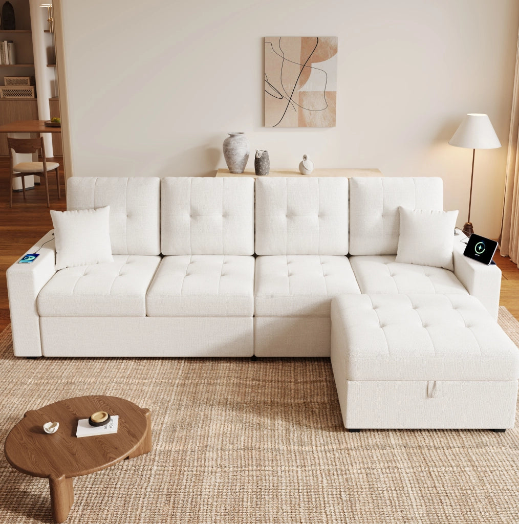 Divano 4 posti beige con pouf contenitore; LED; porte USB e Type-C; rivestimento in lino