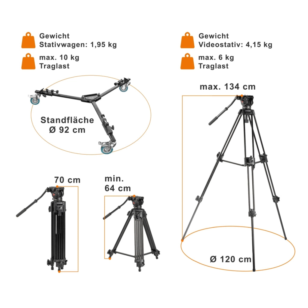 Walimex Pro Treppiede EI-9901 Video Pro con carrello WT-600 (altezza massima 138 cm, testa panoramica video, divaricatore centrale, capacità di carico 6 kg e borsa per treppiede), nero