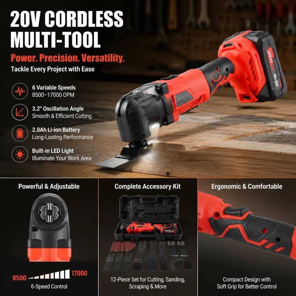 Cordless Oscillating Tool, 20V Oscillating Multi Tool Kit With 6 Variable Speeds 8500 - 17000 OPM, 3.2° Oscillating Angle, 2.0Ah Battery Pack & Charger, 12PCS Saw Accessories & LED Work Light