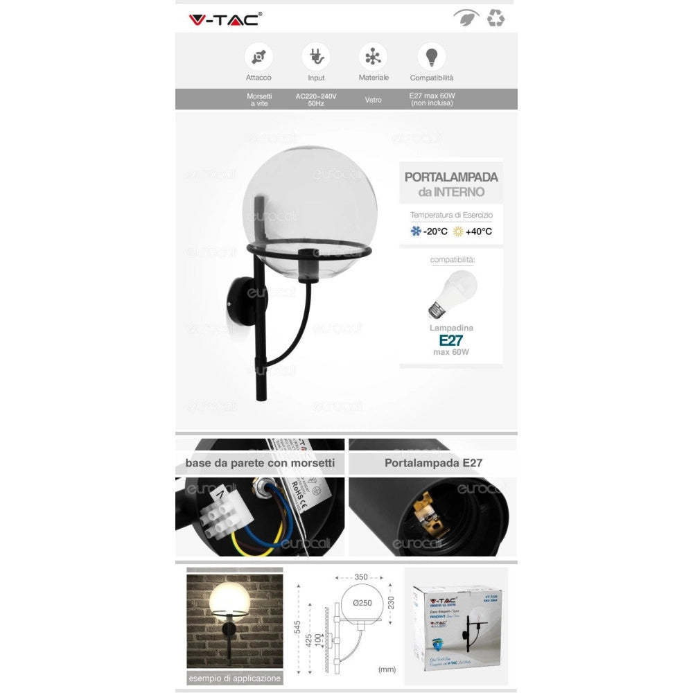 Trade Shop - Lampada Da Parete Applique A Muro Forma Globo Vetro Trasparente Elegante Vt-7226 -