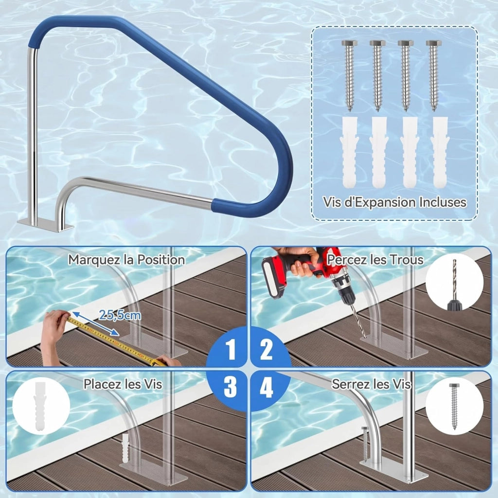 Corrimano per Piscina in Acciaio Inox 119 X 79 CM, Maniglione con Impugnatura Rivestita, Sicurezza e Resistente, Portata 250 KG, Ringhiera per Spa, Terme, con Base Preforata, Accessori