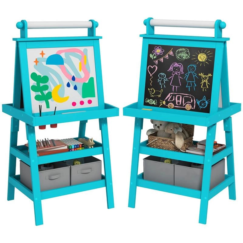 LAVAGNA PER BAMBINI CON CAVALLETTO 3 IN 1, ROTOLO DI CARTA E 2 CONTENITORI, IN LEGNO, 59X48X118 CM, BLU