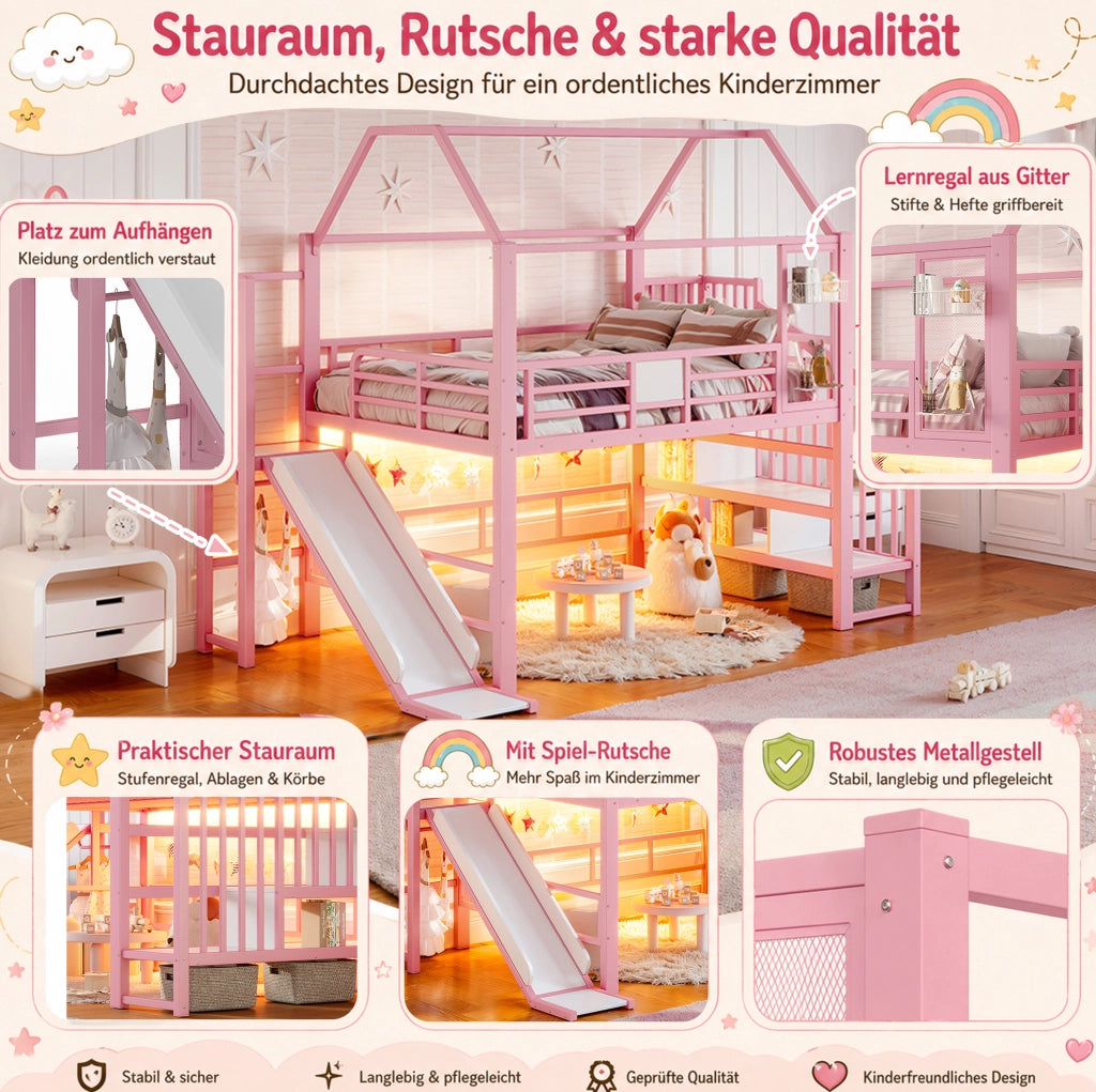 Letto a soppalco ULEVR 140x200 cm a casetta con scivolo, scala con ripiani, LED Bluetooth e barra appendiabiti, rosa