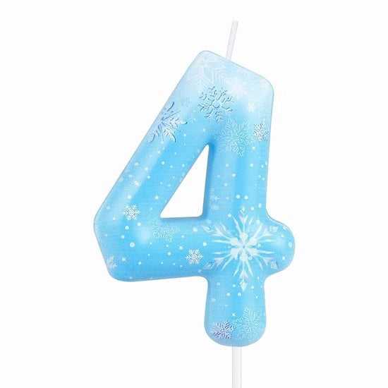 Sneeuwvlok candelabro numerico per compleanni, bianco blu 4 candele per torta bambine, candele congelate bianche, candele congelate per torta topper