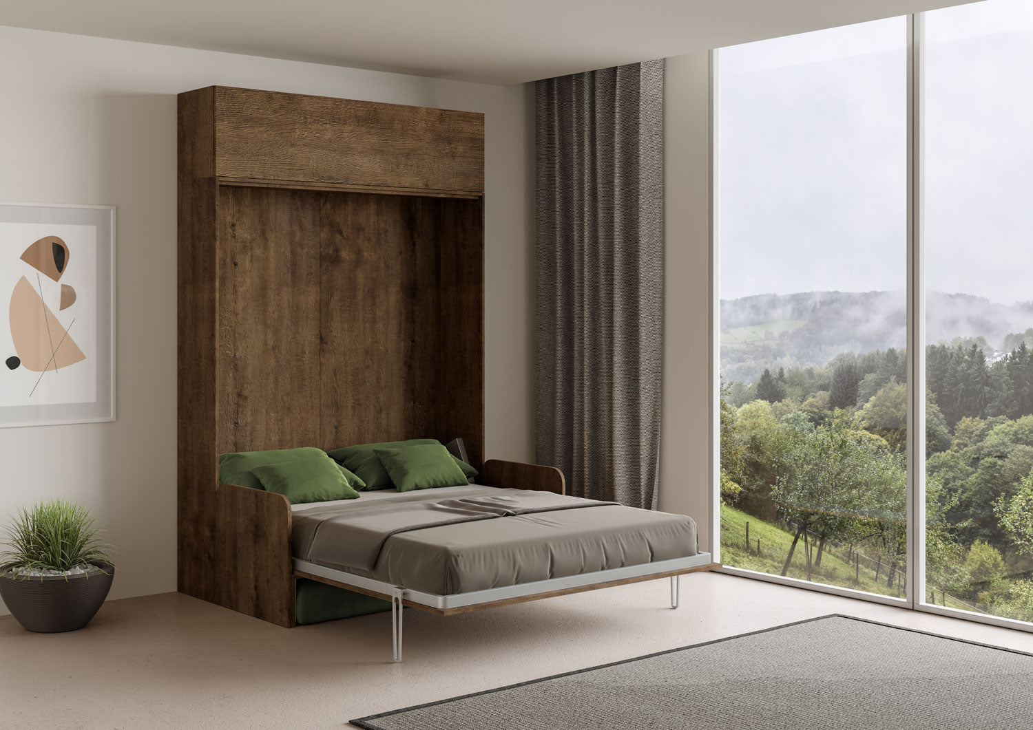 Letto Matrimoniale A Scomparsa 160 Kentaro Con Divano E Pensile Noce e Verde