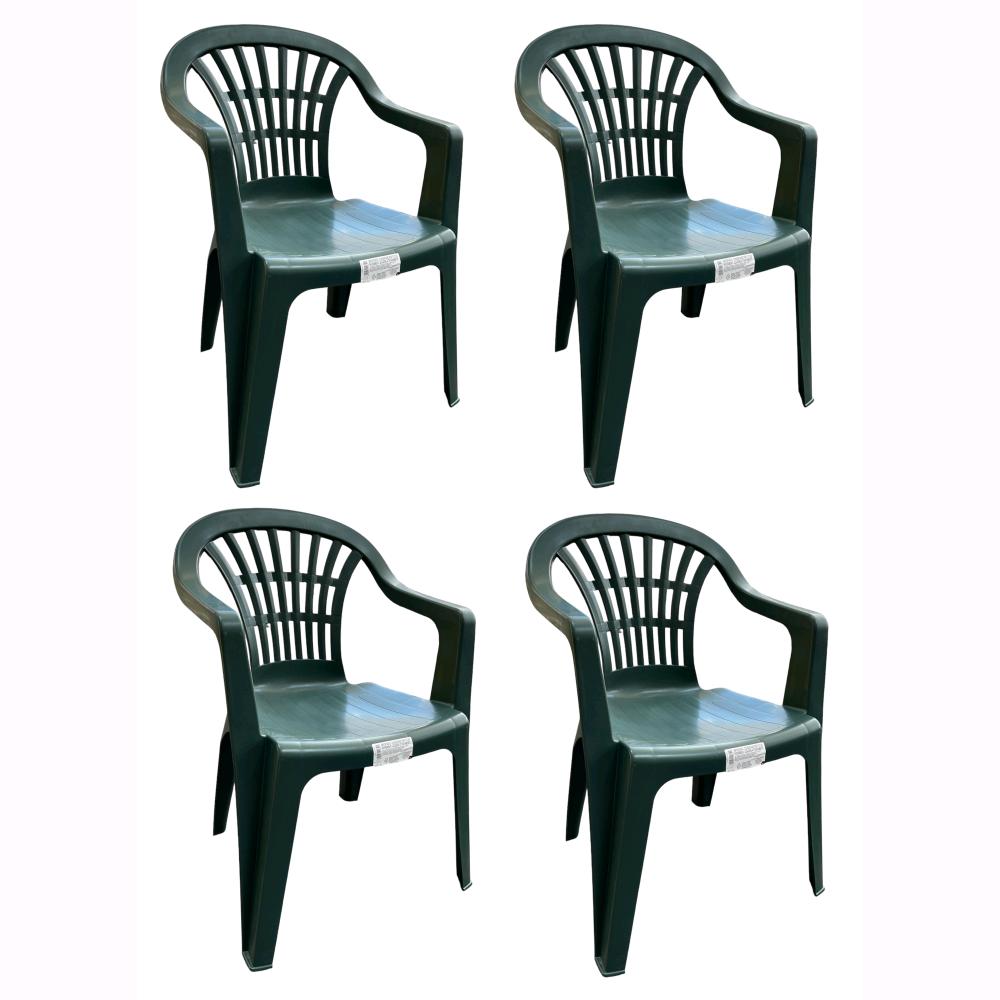 Set 4 Sedie in Polipropilene da Giardino Colore Verde Impilabile con Braccioli Mod. Nizza