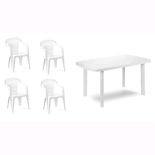 Set 4 Sedie impilabili + Tavolo in Polipropilene da Giardino Colore Bianco Mod. Nizza