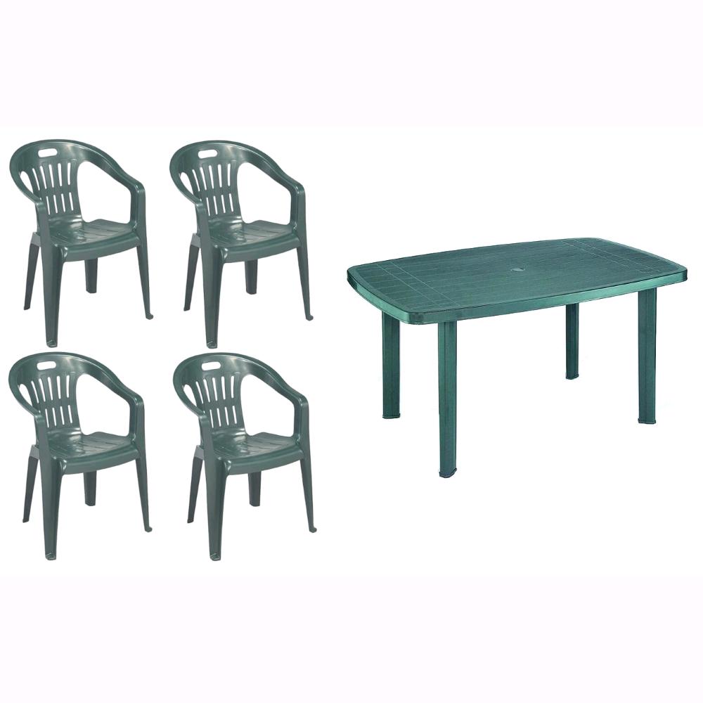 Set 4 Sedie impilabili + Tavolo in Polipropilene da Giardino Colore Verde Mod. Lido