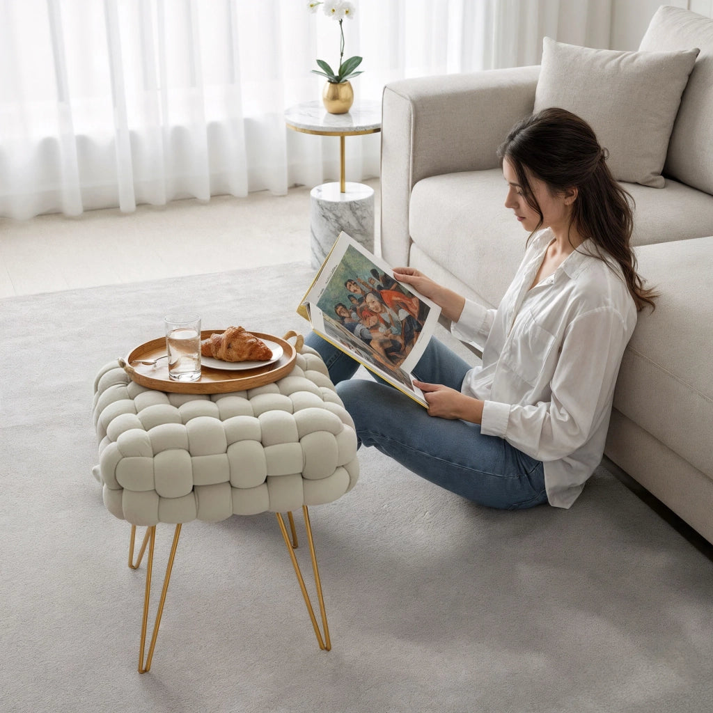Pouf sgabello in velluto intrecciato 38 cm DOTTY Crema