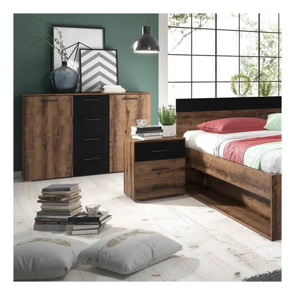 Set Letto 160x200 più Comodini collezione EOS. Colore rovere scuro e nero.