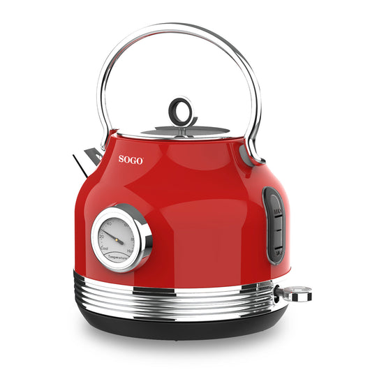 SOGO Bollitore Elettrico 1.7L – Design Retrò, Acciaio Inox, Rosso Metallizzato, Termometro Integrato, Filtro Removibile, Base 360°, 2200W