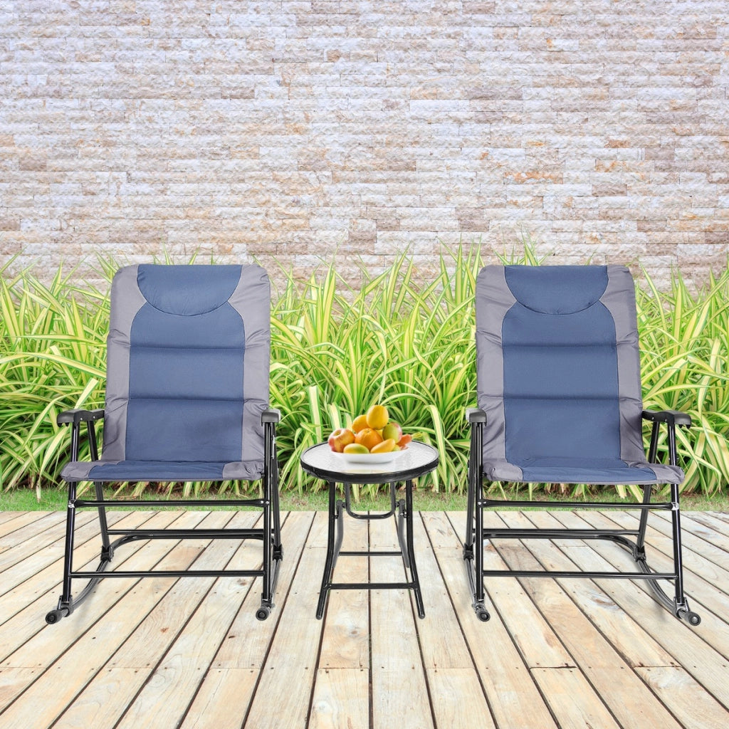 Set di 3 mobili pieghevoli da esterno per cortile spiaggia piscina, Sedie con tavolino da caff¨¨ in vetro Blu-Set mobili da esterno