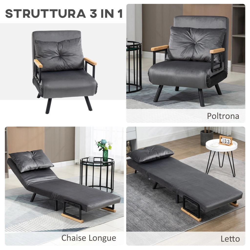 Poltrona Letto 3 in 1 con Cuscino e Schienale Reclinabile ¨C zephmum ¨C Grigio Scuro 63x73x81 cm