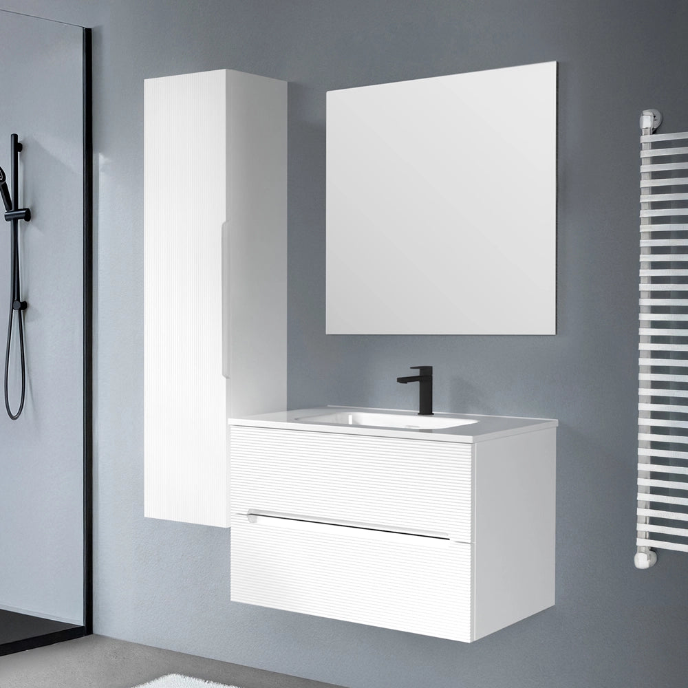 Mobile bagno sospeso 80 bianco cannettato 2 cassetti lavabo e specchio Rigo