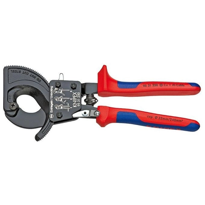 Knipex 95 31 250 Tagliacavi Manuale con Sistema a Cricchetto per Cavi in Rame e Alluminio Lunghezza 250 mm colore Blu Rosso