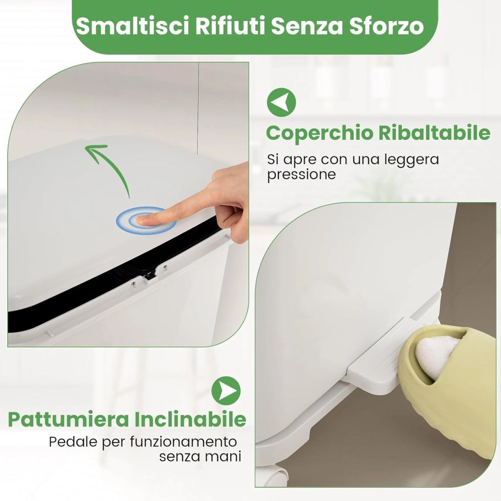 40L Pattumiera Differenziata a 3 Scomparti, Bidone per Spazzatura con Cestino Rimovibile e 4 Ruote, Secchio Rifiuti a Pedale per Cucina Sala da Pranzo Soggiorno (Bianco)