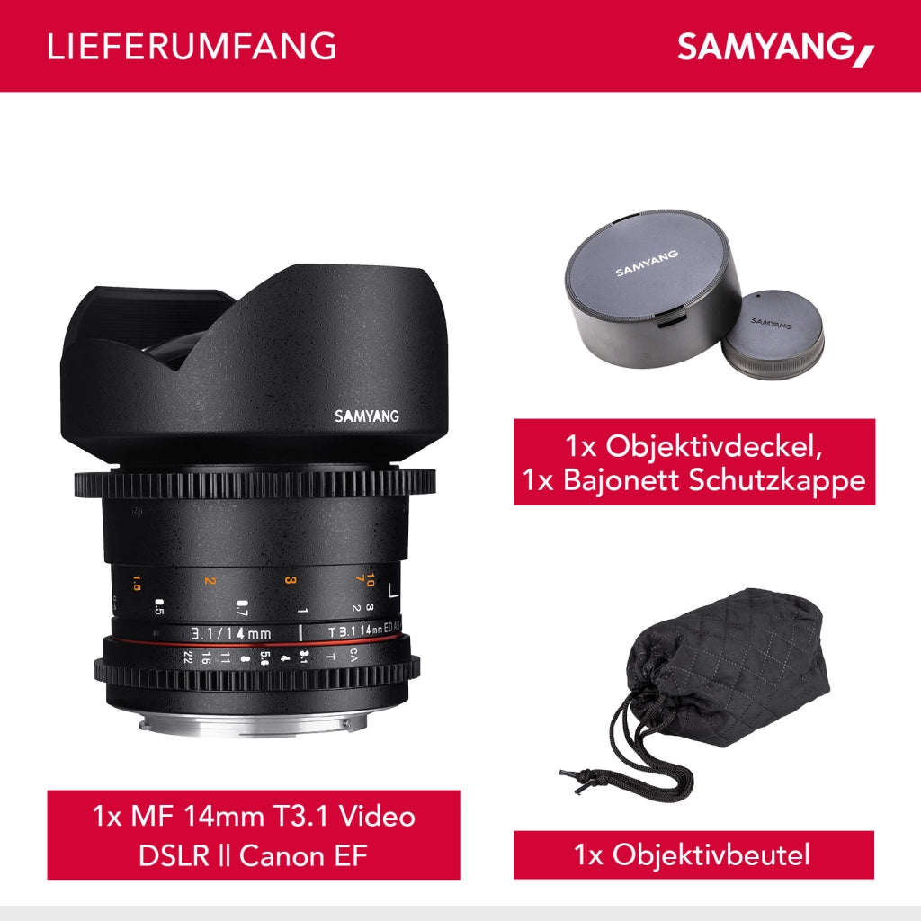 SAMYANG 14mm T3.1 VDSLR ED AS IF UMC II Obiettivo video Canon EF a messa a fuoco manuale con ingranaggio 0,8, grandangolo nero