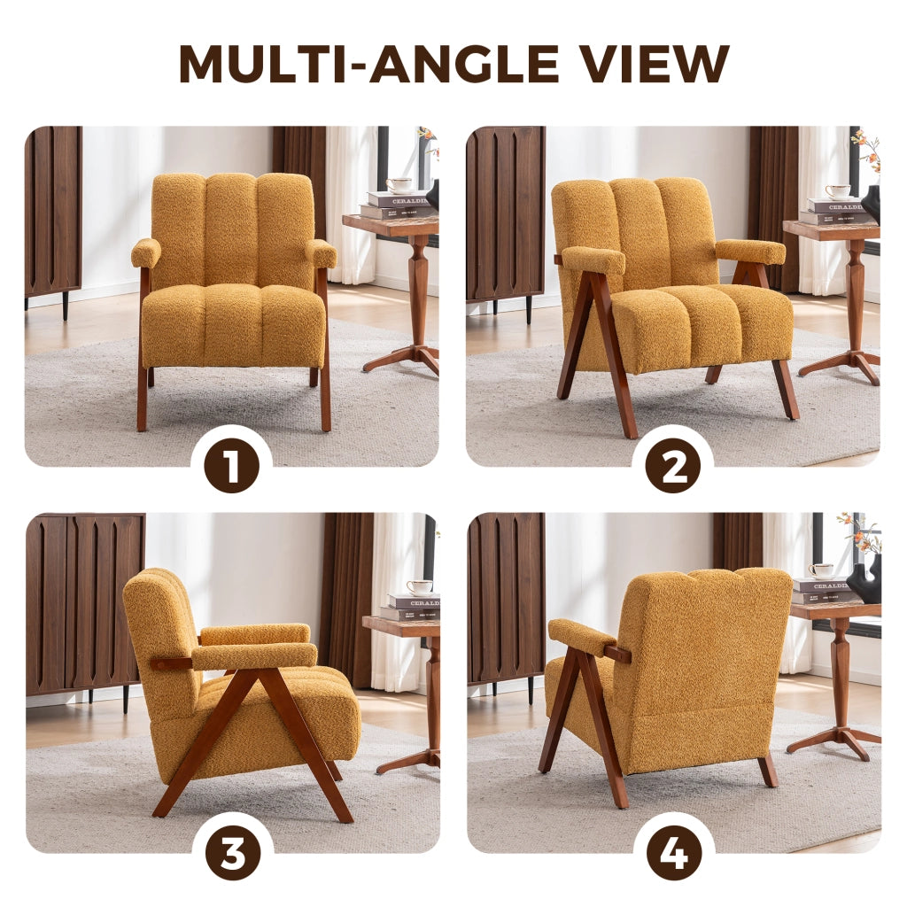 POLTRONA Bouclé Gialla 68x61x35 cm in Legno Massello di Quercia