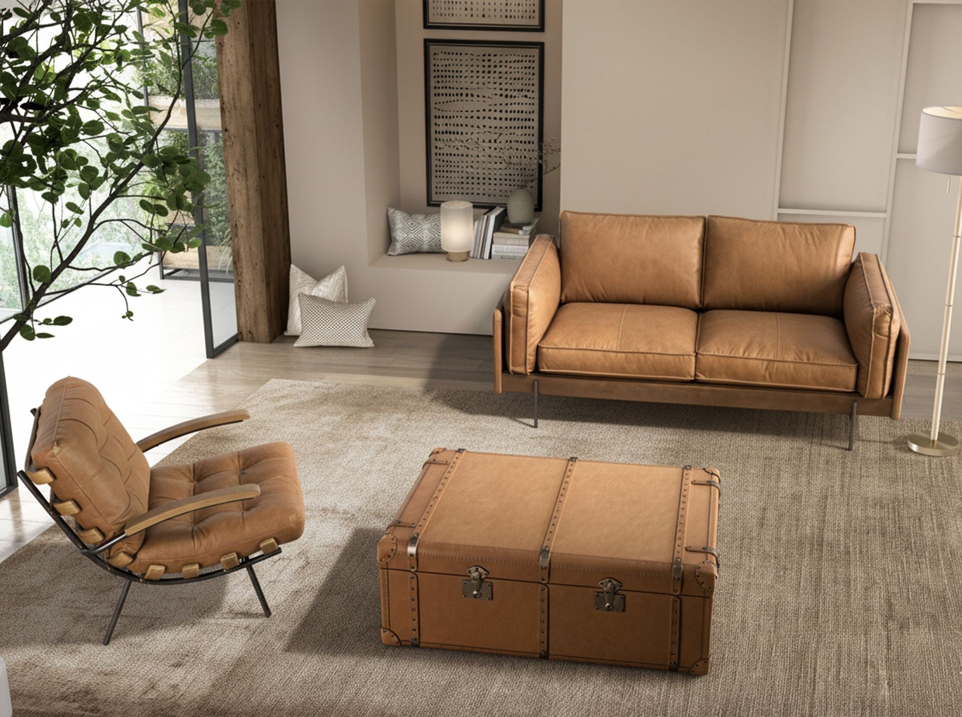 Poltrona in pelle marrone e frassino