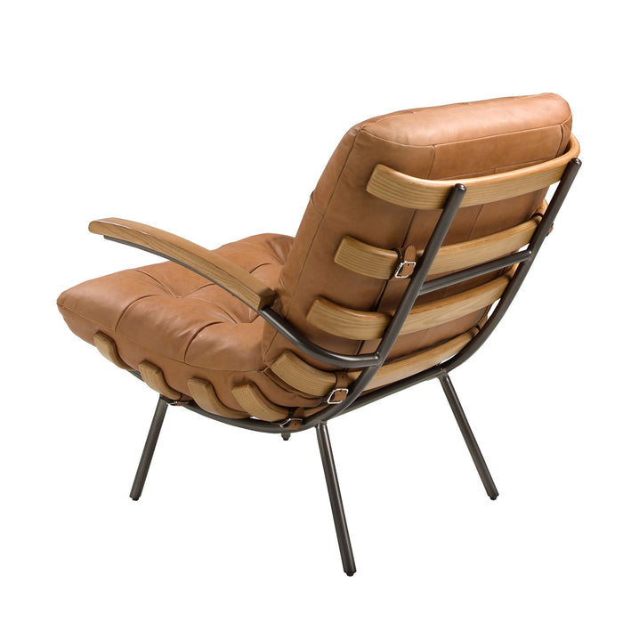 Poltrona in pelle marrone e frassino