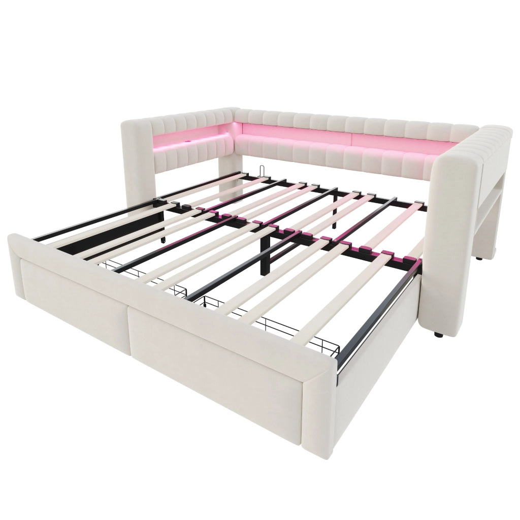Divano letto 90x190 cm estraibile con cassetti e LED in velluto beige
