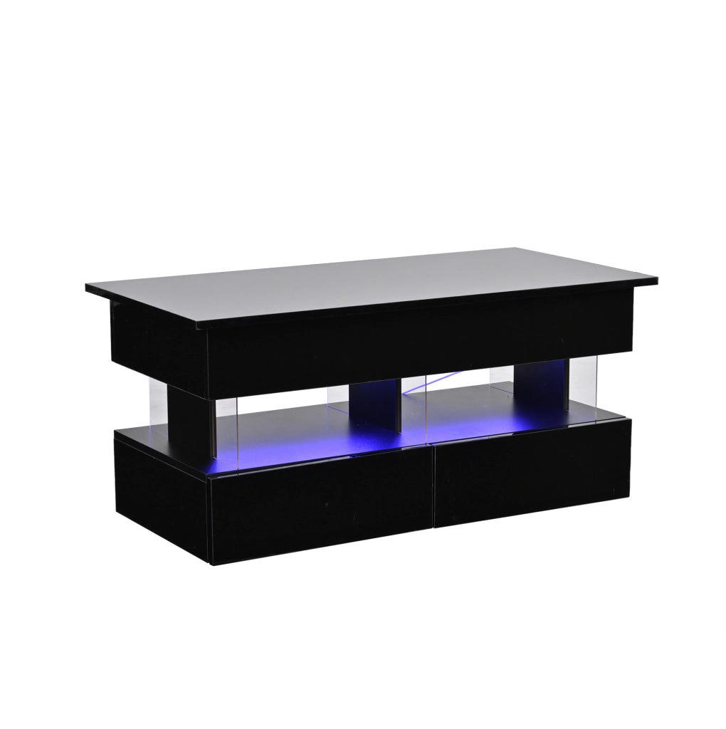 Tavolino da caffè 100x50x46 cm con piano sollevabile; spazio nascosto; 2 cassetti; LED; MDF nero