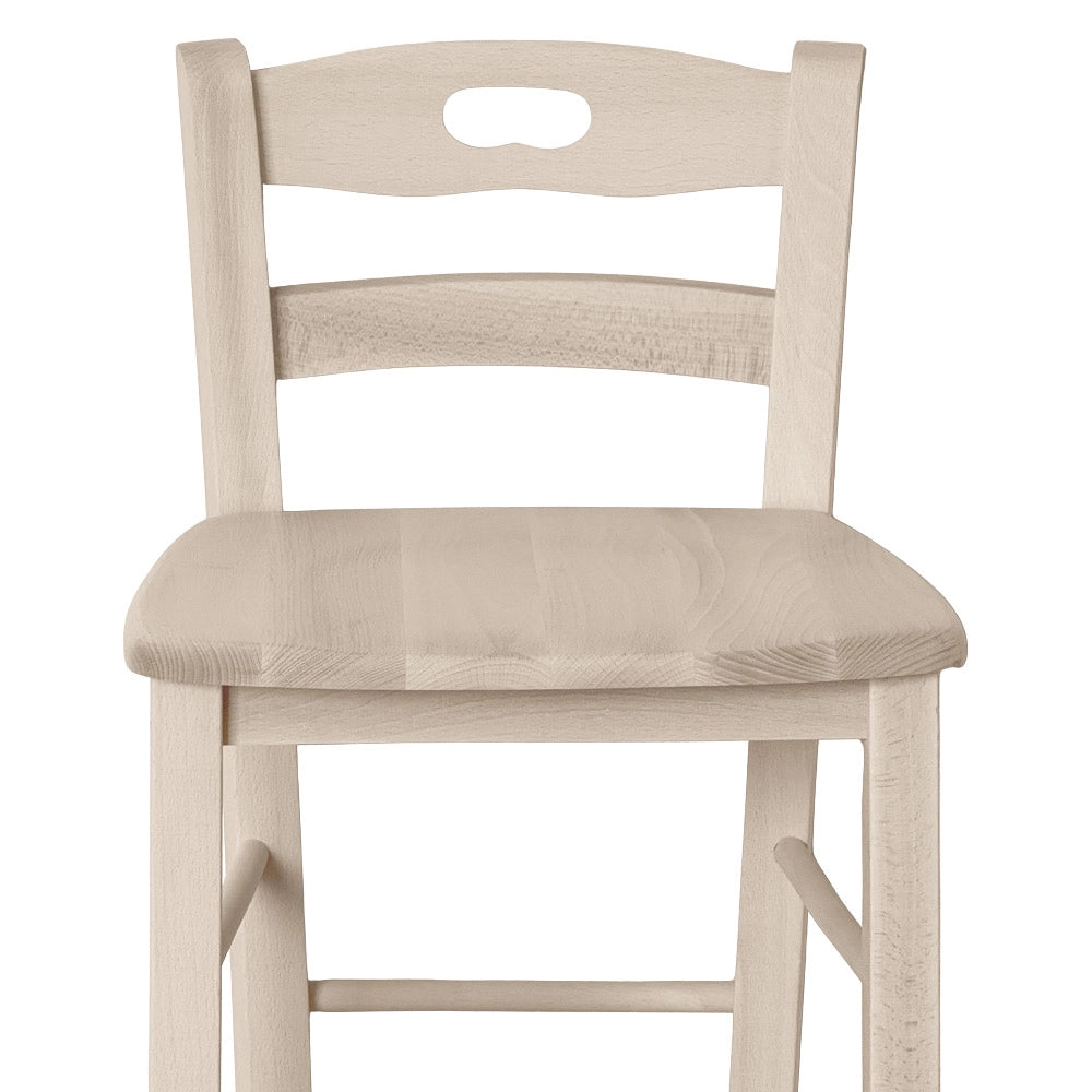 Sgabello in legno grezzo con schienale h 66 cm con seduta in legno massello