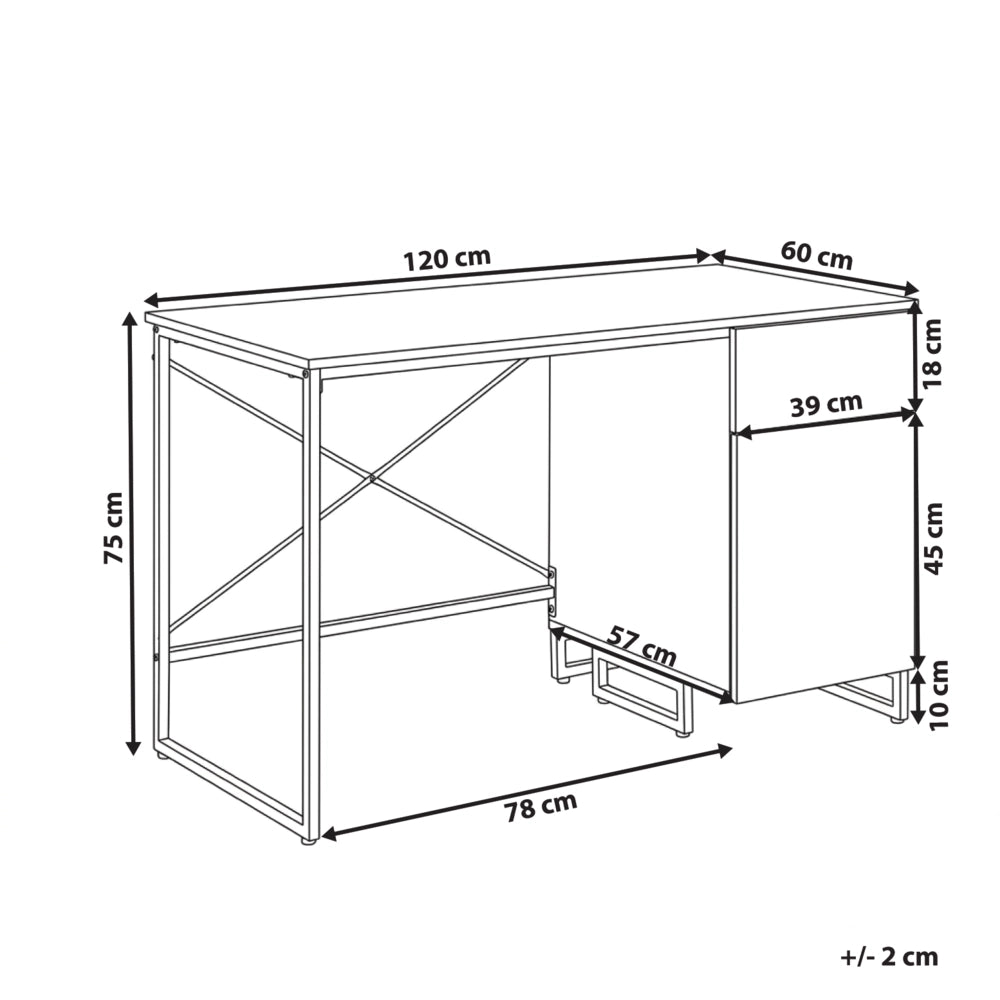 Scrivania da ufficio per casa in MDF bianco chiaro, 120 x 60 cm, struttura in acciaio con cassetto e vano chiuso, design moderno e minimalista